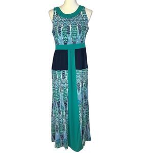 One World Aqua Blue Scoop Neck Stretch Maxi Dress Women's M Sleeveless Beachy